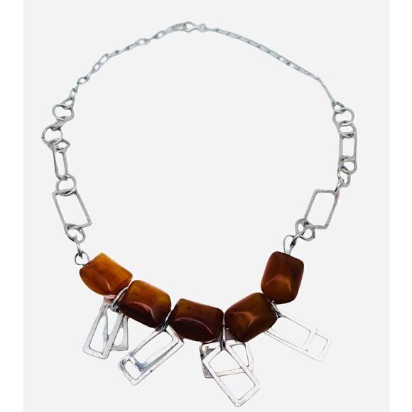 Unique Vintage Bakelite Bead and Sterling Silver Geometric Necklace - Picture 1 of 4